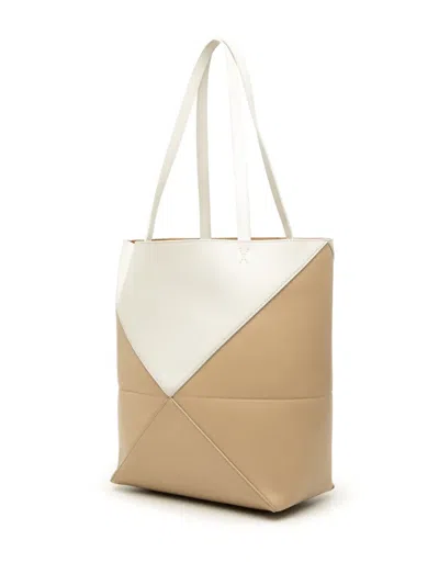 Pre-owned Loewe 2024 Medium Bicolor Shiny Calfskin Puzzle Fold Tote Bag In Neutrals