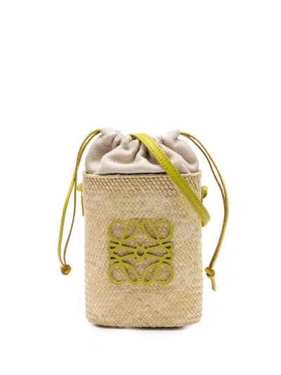 Pre-owned Loewe 2024 Paulas Ibiza Raffia Anagram Square Pocket Bucket Bag In Green