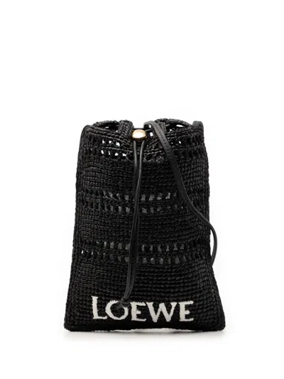 Pre-owned Loewe 2025 Paula Ibiza Raffia Drawstring Pocket Crossbody Bag In Black