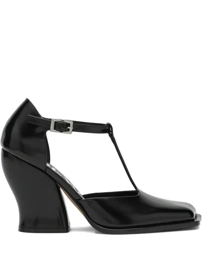Loewe Black Leather T-bar Pumps With 9 Cm Heel In Blue