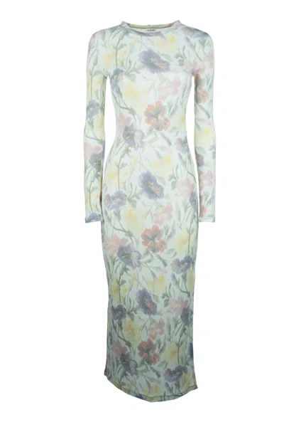 Loewe Ribbed Floral-print Silk-blend Midi Dress In Green