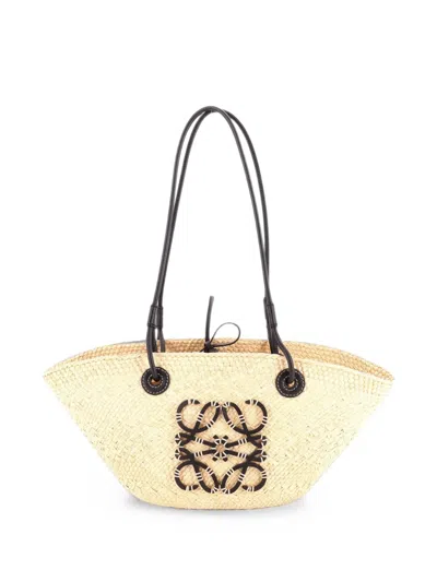 Pre-owned Loewe Anagram Basket Raffia Small Tote Bag In Neutrals