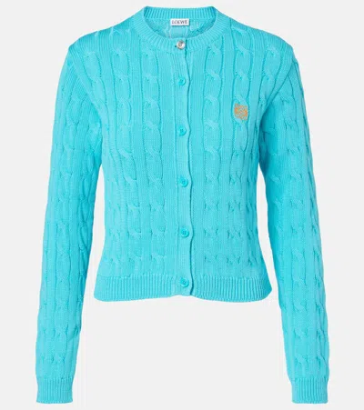 Loewe Anagram Cable-knit Cotton Cardigan In Blue