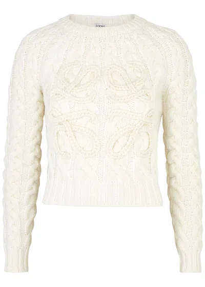 Loewe Anagram Cropped Cable-knit Wool-blend Jumper In White