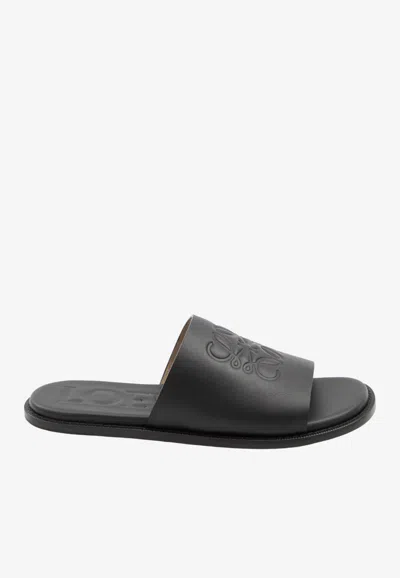 Loewe Anagram Calf Leather Slides In Black