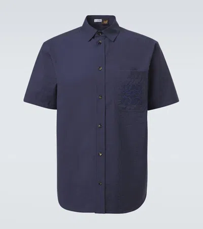 Loewe Anagram-embroidered Short-sleeve Shirt In Blue