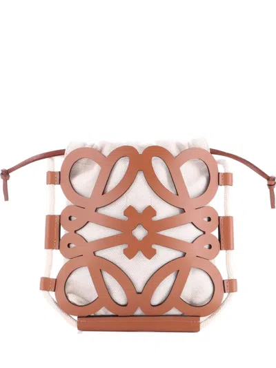 Pre-owned Loewe Anagram Cut Out Leather With Canvas Crossbody Bag In Neutral