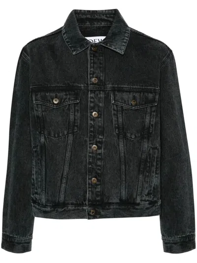 Loewe Anagram Cut-outs Medium-weight Washed Denim Jacket Clothing In Black
