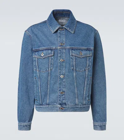 Loewe Anagram Leather-trimmed Embroidered Denim Trucker Jacket In Blue