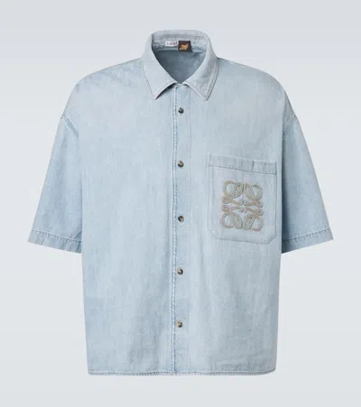 Loewe Short-sleeved Denim Shirt With Anagram Embroidery In Blue