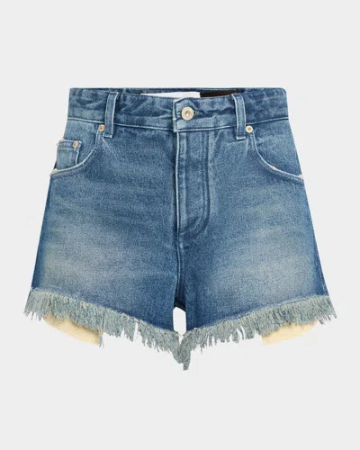Loewe Anagram Detail Frayed Denim Shorts In Medium Blue