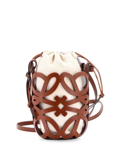 Pre-owned Loewe Anagram Drawstring Crossbody Bag Leather With Canvas Mini Bucket Bag In Brown