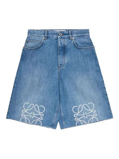 Loewe Anagram Frayed Denim Shorts In Blue