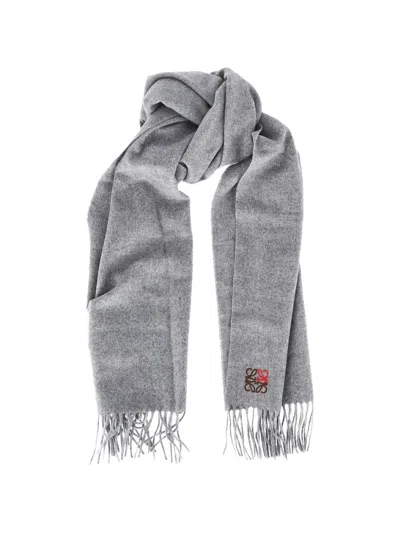 Pre-owned Loewe Anagram Fringed Scarf In Gray