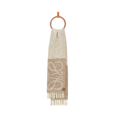 Loewe Anagram Fringed Scarf In Beige/white