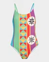 Loewe Anagram Geo Print Low-back One-piece Swimsuit In Multicolor
