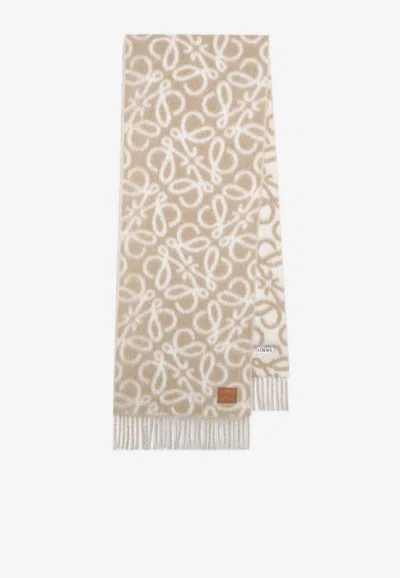 Loewe Anagram Jacquard Fringed Scarf In Neutral