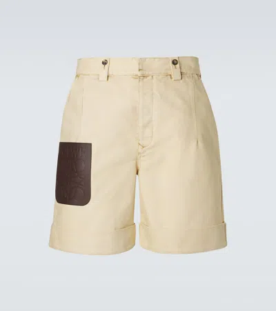 Loewe Anagram Leather-trimmed Cotton Shorts In Sand