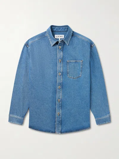 Loewe Mens Mid Blue Denim Anagram-embroidery Long-sleeves Denim Overshirt