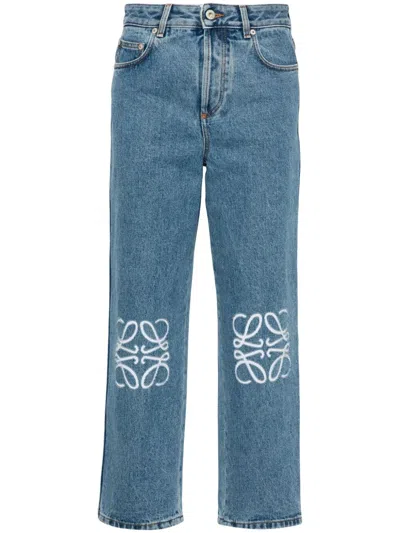 Loewe Anagram Denim Cropped Jeans Embroidery Detail In Blue
