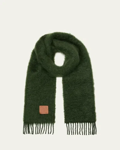 Loewe Anagram Mohair Fringe Scarf In Forest Green