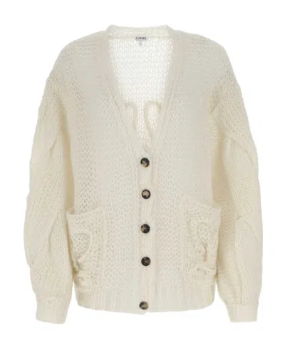 Loewe Anagram Open-knit Cardigan In White