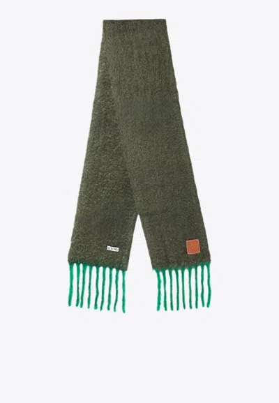 Loewe Anagram Patch Fringed Scarf In Green