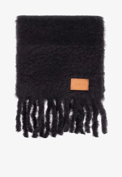Loewe Anagram Patch Mohair-blend Fringed Scarf In Black