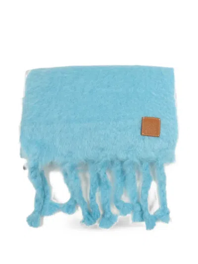 Pre-owned Loewe Anagram Patch Tasselled Scarf In Blue