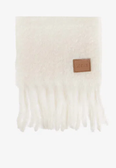 Loewe Anagram Patch Wool Fringed Scarf In White