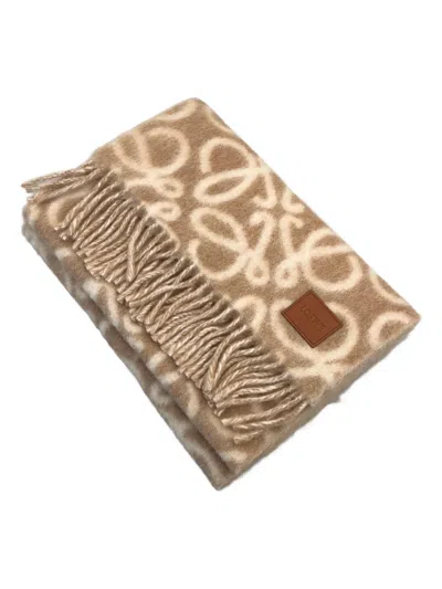 Loewe Anagram-pattern Fringed Scarf In Neutral