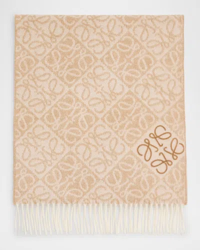 Loewe Anagram-print Wool Blend Scarf In Neutral