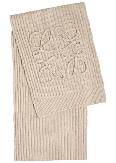 Loewe Anagram Ribbed Wool Scarf In Cream