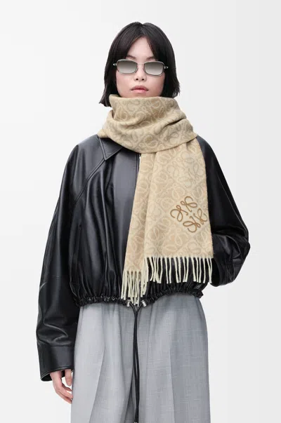 Loewe Fringed Wool And Cashmere-blend Jacquard Scarf In Neutrals