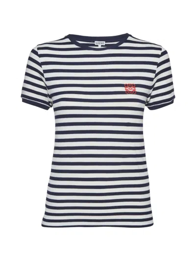 Pre-owned Loewe Anagram Striped Embroidered T-shirt In White