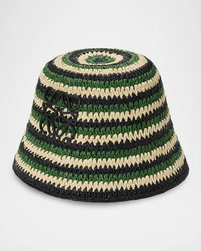 Loewe Anagram Striped Raffia Bucket Hat In Green
