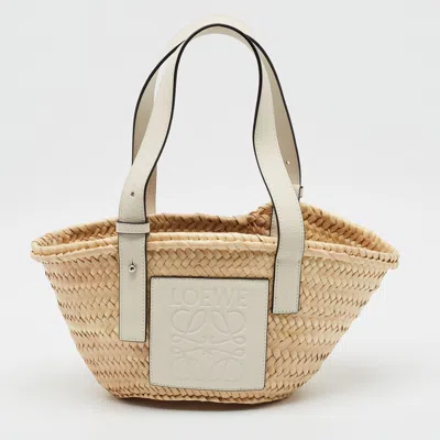 Pre-owned Loewe Anagram White/cream Raffia And Leather Basket Tote