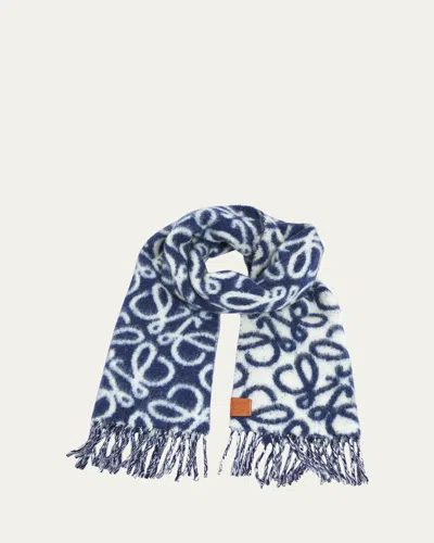 Shop Loewe Anagram Wool-blend Scarf In Navy White