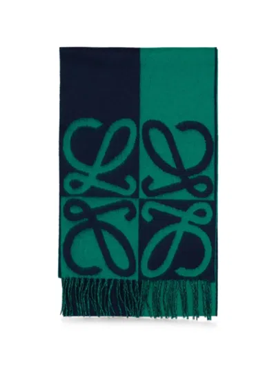Loewe Anagram-detail Fringed-hem Scarf In Blue
