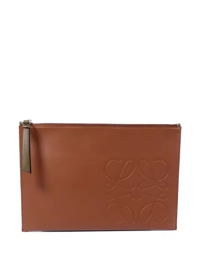 Pre-owned Loewe Anagram-embossed Leather Clutch Bag In Brown