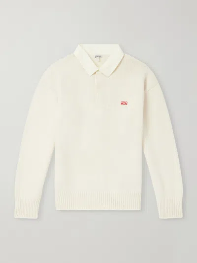 Loewe Anagram-embroidered Cotton Twill-trimmed Wool-blend Polo Sweater In Neutral