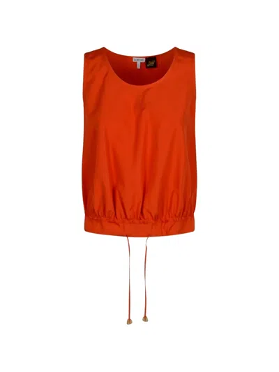 Loewe Anagram-embroidered Drawstring-hem Blouse In Red