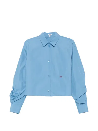 Loewe Anagram-embroidered Gathered-sleeve Shirt In Blue
