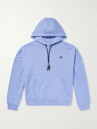 Loewe Anagram-embroidered Leather-trimmed Cotton-jersey Hoodie In Blue