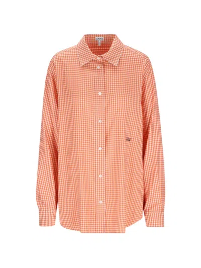 Loewe Anagram-embroidered Micro-checked Shirt In Orange