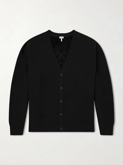 Loewe Stretch Wool Blend Cardigan Ribbed Cuffs Hem In Black