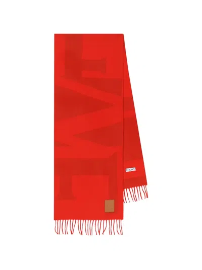 Loewe Anagram-patch Fringed Scarf In Red