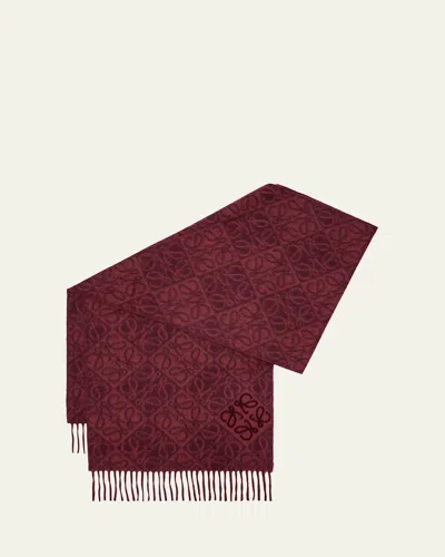 Loewe Anagram-print Wool Blend Scarf In Dark Burgundy