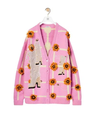 Loewe Appliqué-detail V-neck Cardigan In Pink