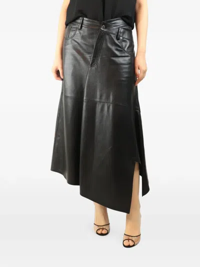 Pre-owned Loewe Asymmetric Leather Midi Skirt In Black